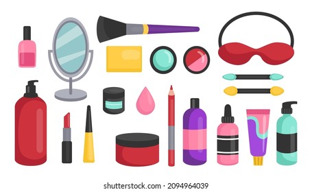 Cosmetic beauty products set. Vector illustrations of facial skin care and makeup. Cartoon lotion cream lipstick brush pencil eyeshadow nail polish isolated on white. Skincare, fashion concept