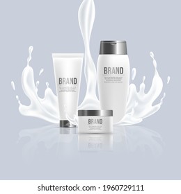 Cosmetic beauty products vector realistic poster design. Hand cream and body lotion packaging with splash of liquid. Moisturizing skin care cream in bottles. Cosmetic advertisement template.