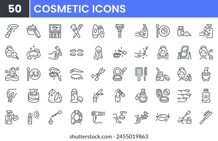 Cosmetic and beauty vector line icon set. Contain linear outline icons like makeup, skincare, lipstick, deodorant, lotion, salon, shampoo, perfume, soap, mascara, manicure. Editable use and stroke.