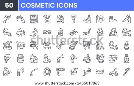 Cosmetic and beauty vector line icon set. Contain linear outline icons like makeup, skincare, lipstick, deodorant, lotion, salon, shampoo, perfume, soap, mascara, manicure. Editable use and stroke.