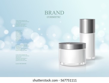 Diseño del paquete de botellas azul cosmético con crema o líquido hidratante, afiche del producto de cuidado de la piel, diseño de vectores de fondo brillante.