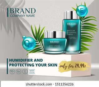 Cosmetic blue skincare cleansing set ads bottles with palm leaves elements in 3d illustration. Natural skin care product design package lotion with Coenzym Q10 and vitamin E. Vector illustration. EPS