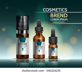 Cosmetic body oil. Design a set of bottles on a green background. Vector illustration