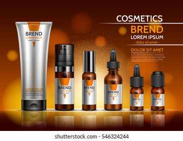 Cosmetic body oil. Design a set of bottles and packaging of the cream on an orange background. Vector illustration