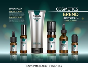 Cosmetic body oil. Design a set of bottles and packaging of the cream on a green background. Vector illustration