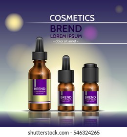Cosmetic body oil. Design a set of bottles on a yellow and violet background. Vector illustration