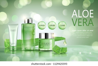 Cosmetic bottle for advertisement with aloe vera, water drops and translucent circles element on bokeh background. Vector 3d illustration.