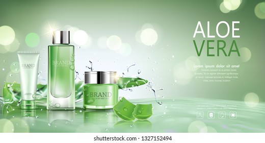 Cosmetic bottle for advertisement with aloe vera, water splashing on bokeh background. Vector 3d illustration.