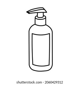 Cosmetic bottle. Black simple line soap dispenser. Sanitizer line art. Hand drawn icon. Virus and bacteria prevention. Vector illustration in doodle style isolated on white background.
