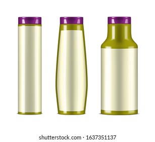 Cosmetic bottle with blank label - different shape set, vector mockup. Beauty product plastic container packaging. Template for design. Easy to recolor.