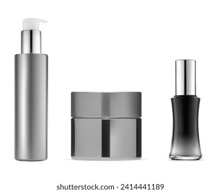 Colección de botellas cosméticas. Broma de tarro crema, plástico transparente en blanco. Botella de bomba realista para el humedecidor, contenedor sin aire se burla. Cuidados de cara pequeña suero babor flacon negro