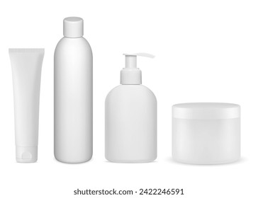 Kosmetische Flaschensammlung. Set von Kosmetikverpackungen Modell. Spender mit Seifenpumpe, Sahne-Glas, Shampoo-Flasche, Zahnpastendesign. Zusammenstellung von Plastikflaschen