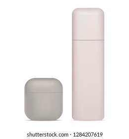 Cosmetic Bottle and Cream Jar Set. Beauty Product: Shampoo, Moisturizer, Butter, Creme, Scrub, Soap Packaging 3d Illustration. Skin and Body Care Container. Round Corner Square Shape.