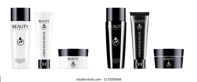 Cosmetic bottle and cream jar cream tube set glossy white and black mockup. Realistic vector illustration.