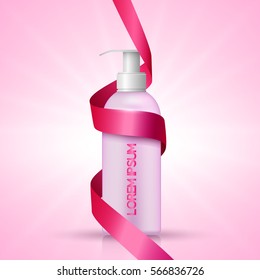 Cosmetic bottle of cream or liquid soap on colorful background with pink ribbon, package template, realistic design, vector illustration