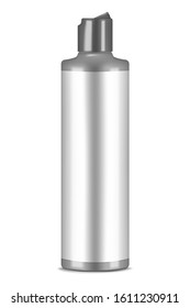 Cosmetic bottle with disc top cap and white blank label, realistic mockup. Liquid beauty product packaging container, vector template.