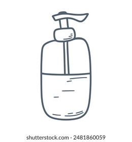 Cosmetic bottle with dispenser doodle sketch style. Transparent tube with pump hand drawn illustration. Glass or plastic packaging, vector graphics