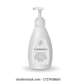 Cosmetic bottle with dispenser for liquid care products. Vector Illustration isolated on white background. 