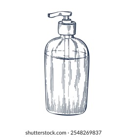 Cosmetic bottle with dispenser pump hand drawn Isolated vector illustration. Sketch template for card design, packaging, cosmetics, medicine, treating, aromatherapy, healthcare decor. Engraving