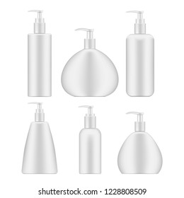 Cosmetic bottle with dispenser, realistic mockup set. Beauty product pump packaging containers isolated on white background, vector mock-up.