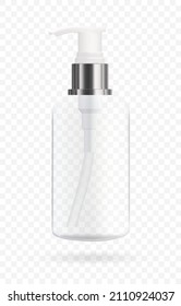 Cosmetic bottle with dispenser for soap and cosmetics. Mockup of packaging for liquids. Vector 3d illustration.