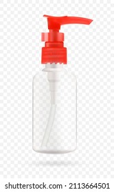 Cosmetic bottle with dispenser for soap and cosmetics. Mockup of packaging for liquids. Vector 3d illustration.