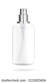 Cosmetic bottle with dispenser spray for liquid and cosmetics. Packaging layout for liquids. Vector 3d illustration.