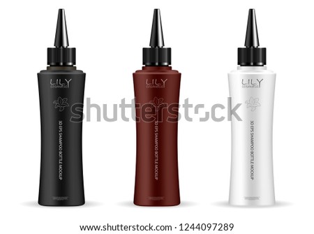 Cosmetic bottle with dropper cap. Mockup template of containers for cosmetics in black, white and broun color. 3d vector realistic package design.