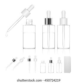 Cosmetic bottle with dropper isolated on white background (transparent). Beauty product package. Vector illustration.