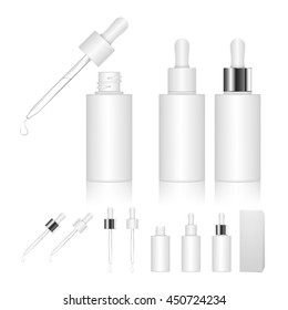 Cosmetic bottle with dropper isolated on white background. Beauty product package. Vector illustration.