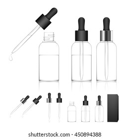 Cosmetic bottle with dropper isolated on white background (transparent). Beauty product package. Vector illustration.