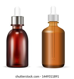 Cosmetic Bottle with Dropper. Vector Illustration. Amber or Brown Glass Medical Vial for Organic Liquid, Aromatic Essence, Serum. Realistic Flask with Eyedropper for Collagen or Treatment. Packaging