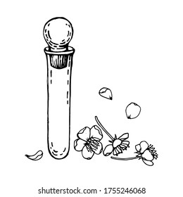 Matraz de botella estético con anillos de cerezo sobre fondo blanco. Botella perfumada con flores florecientes. Fragancias, loción, suero, recipiente de aceite esencial. Producto de belleza. Vector de estilo Doodle dibujado a mano 