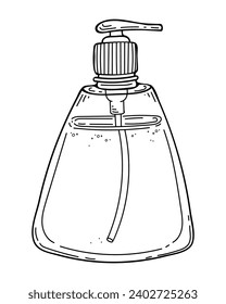 Cosmetic bottle gel sketch. Sanitizer dispenser hygiene cleansing. Hand drawn line art illustration.