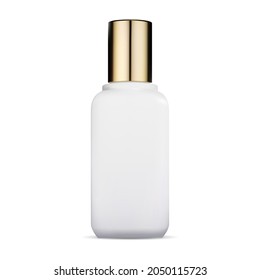 Cosmetic bottle. Glass container with gold cap, luxury beauty packaging illustration. Oil or lotion spray design blank. Facial skin essence jar