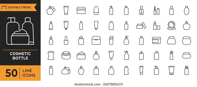 Cosmetic bottle icon set. Containing cosmetic, beauty, makeup, deodorant, lotion, and more. Vector illustration