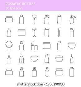 Cosmetic bottle icons set. Vector illustration. 30 line art signs.