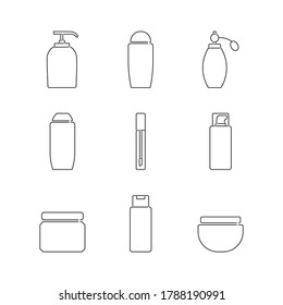 Iconos de botellas cosméticas. Ilustración vectorial. Pancartas de arte de 9 líneas.