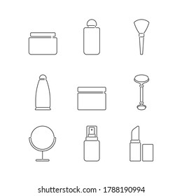 Cosmetic bottle icons set. Vector illustration. 9 line art signs.