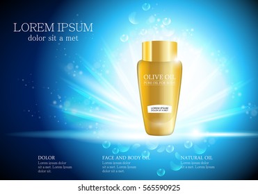 Cosmetic bottle isolated on blue,vector illustration.Premium ads,translucent sprayer.Bright background with liquid drip.Closeup color container and toner.Realistic 3D for web site and poster