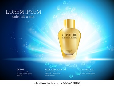 Kosmetische Flasche einzeln auf Blau,Vektorillustration-Illustration.Premium-Anzeigen,transparenter Spritzer.Heller Hintergrund mit Flüssig-Tropfen.Nahaufnahme-Farbcontainer und Toner.Realistische 3D für Website und Plakat 