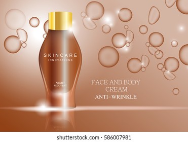 Cosmetic bottle isolated on brown background,vector illustration.Premium ads,translucent sprayer. Bubbles backdrop.Closeup color toner.Realistic 3D for web site,advertising and poster