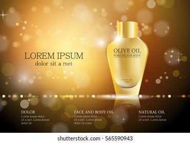 Cosmetic bottle isolated on golden bokeh background,vector illustration.Premium ads,translucent sprayer.Bright and shiny backdrop.Closeup color toner.Realistic 3D for web site and poster