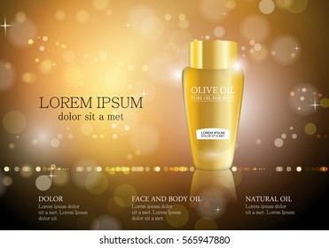 Cosmetic bottle isolated on golden bokeh background,vector illustration.Premium ads,translucent sprayer.Bright and shiny backdrop.Closeup color toner.Realistic 3D for web site and poster