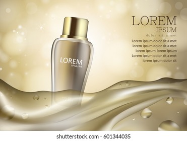 Cosmetic bottle isolated on golden background,vector illustration.Premium ads,translucent sprayer.Bokeh backdrop.Closeup color toner.Realistic 3D for web site,advertising,poster and placard 