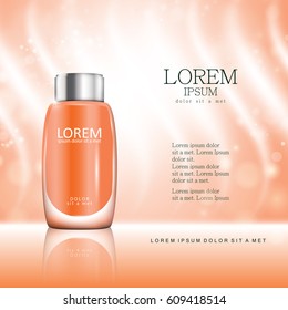 Cosmetic bottle isolated on orange shiny backdrop.Premium ads,translucent sprayer.Closeup color toner.Realistic 3d mock up for web site,advertising,poster,placard and brochure.Facial cream