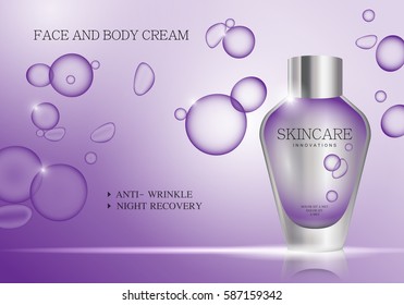 Cosmetic bottle isolated on violet bubbles background,vector illustration.Premium ads,translucent sprayer.Bright and shiny backdrop.Closeup color toner.Realistic 3D for web site,advertising and poster