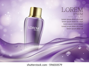 Cosmetic bottle isolated on violet background,vector illustration.Premium ads,translucent sprayer.Bokeh backdrop.Closeup color toner.Realistic 3D for web site,advertising,poster and placard