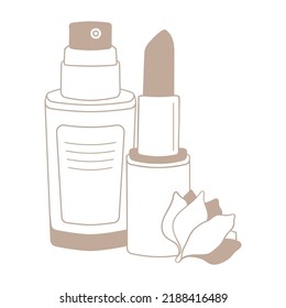 Cosmetic bottle and lipstick icon linear. Simple emblem for packaging or product care and beauty treatments