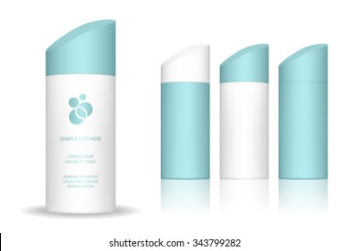 Cosmetic bottle for liquid, lotion, sunscreen. Skin care product package, vector illustration.